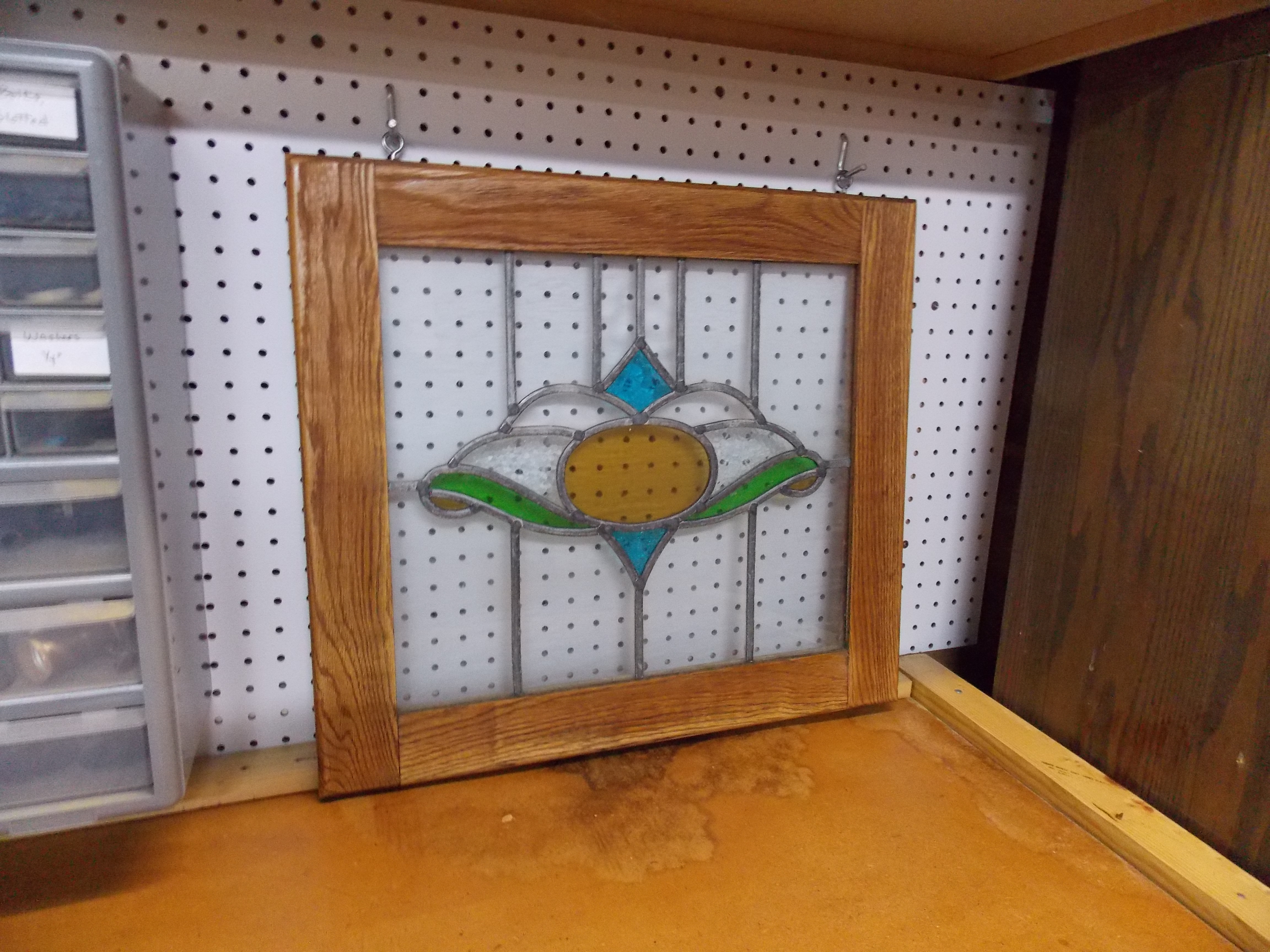 Oak-Framed Stained Glass Window in Wood Shop