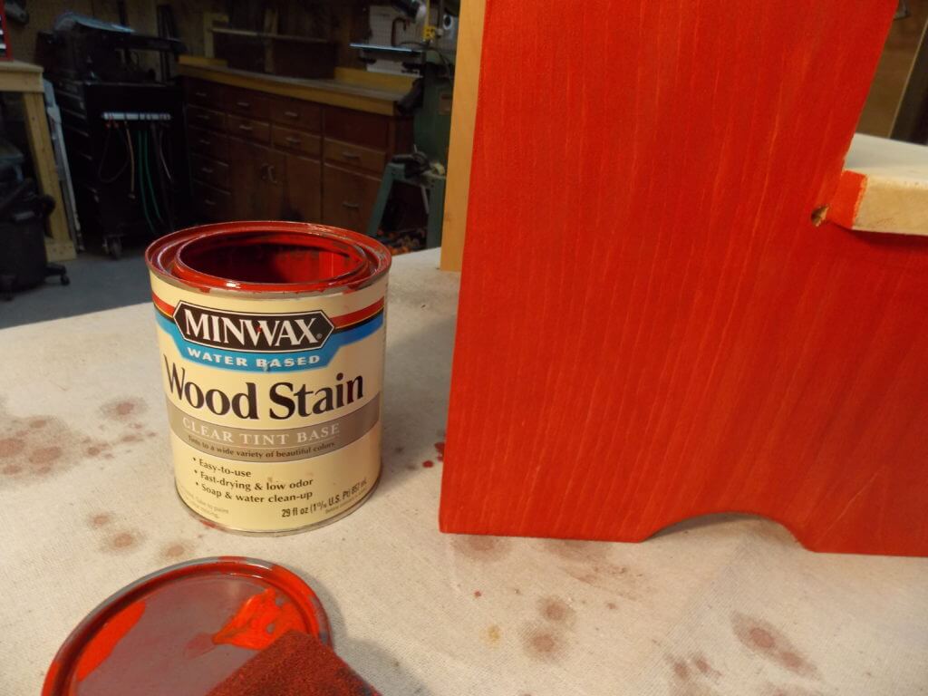 Minwax Water Based Wood Stain in Scarlet Applied to Step Stool