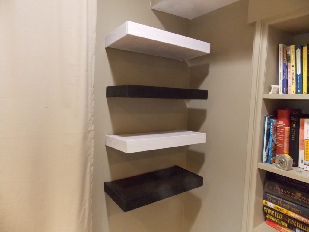 Black & White Stained Wood Alternating Floating Shelves